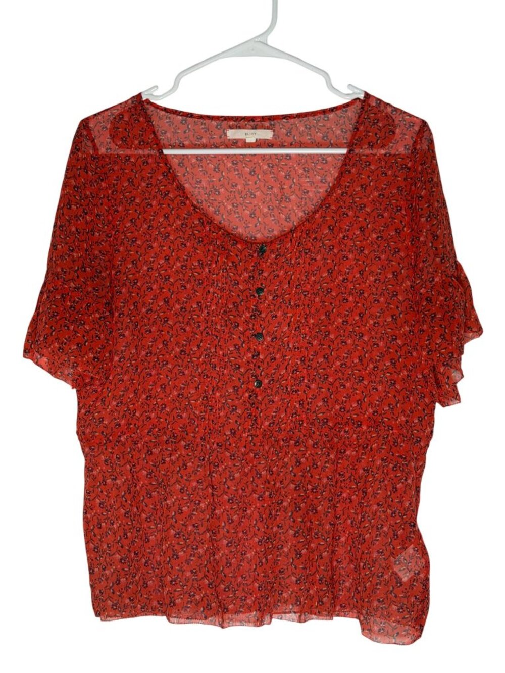 Eliot Red Ditsy Floral Print 100% Silk Sheer Blouse Size Medium